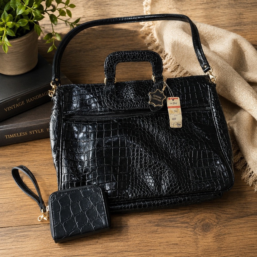 Vintage Zayre Genuine Leather Black Croc Embossed Purse Wallet Set NOS Deadstock